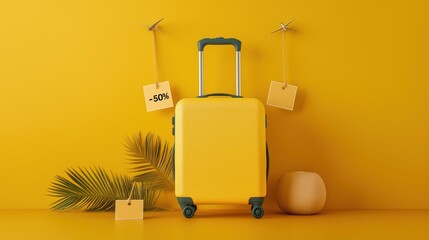 Yellow luggage with 50% sale tags and tropical decor against a vibrant yellow background