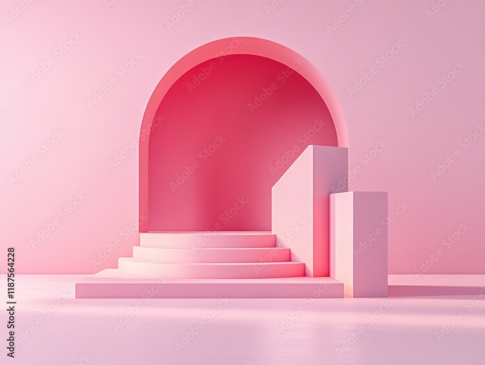 Poster minimalistic 3d rendering of geometric shapes in soft pastel pink tones with cube and curved element