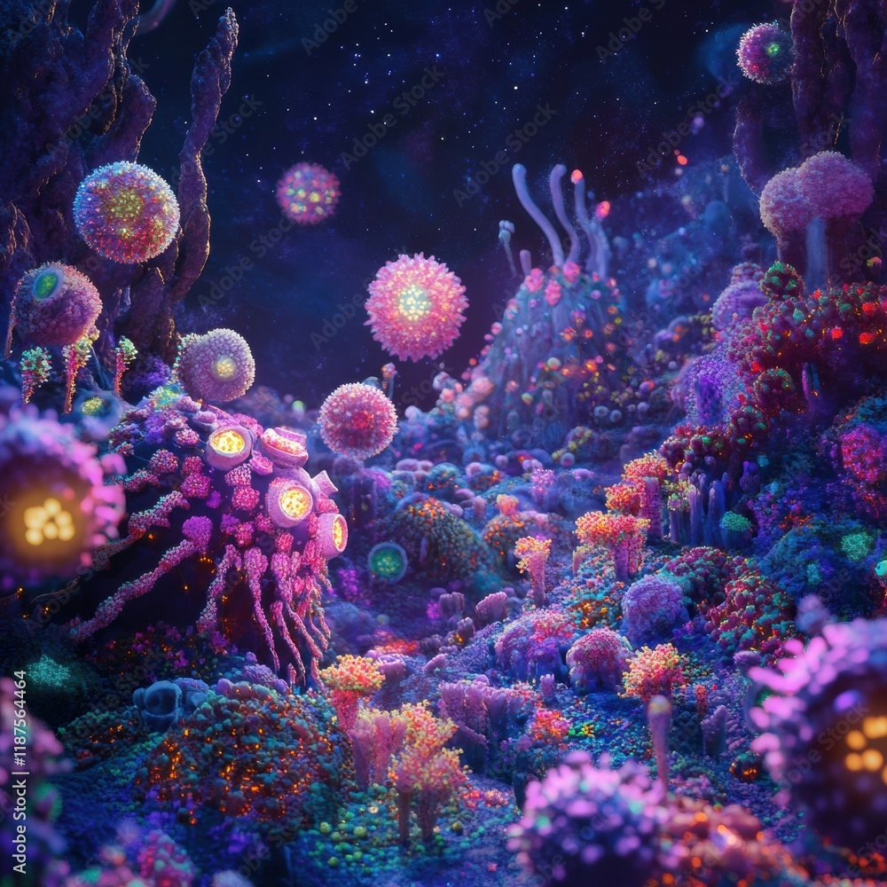 Poster vibrant microscopic landscape showcasing glowing viruses in a mysterious microcosm at night. generat