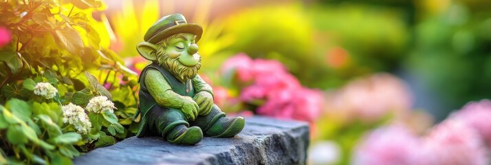 Fototapeta premium Charming leprechaun statue resting on stone wall in vibrant garden full of blooming flowers