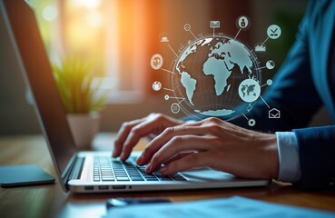 Business person works on laptop. Global marketing, finance strategies. Person uses laptop to manage global markets. Digital globe, icons related to tech, business. Global business, online