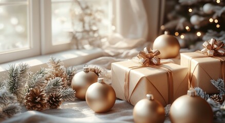 Minimalistic Christmas Scene with Golden Ornaments Gift Boxes and Natural Lighting Showcase