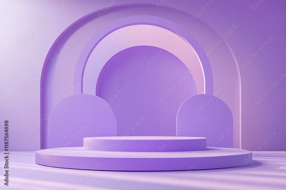 Poster minimalist 3d abstract background with circular shapes and podium for product display in lavender co