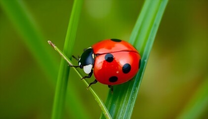 Obraz premium a lady bug sitting on top of a green leaf