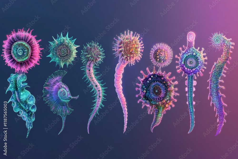 Poster progression of virus forms displayed from basic to complex in a colorful arrangement on a dark backg