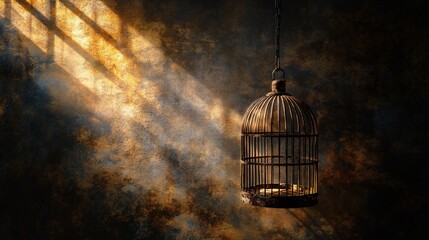 Empty birdcage hanging in sunlit room.
