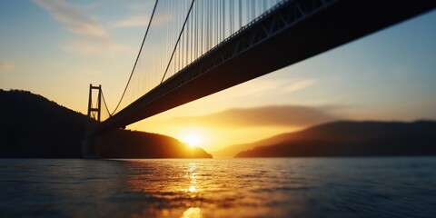 Obraz premium The silhouette of a grand bridge spans over calm waters, beautifully illuminated by the warm hues of a breathtaking sunset, symbolizing connection and tranquility.