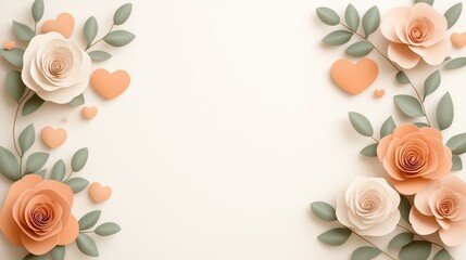 A sophisticated Valentine’s Day background featuring intricate paper-style flowers, soft peach and cream tones, and delicate green leaves. 