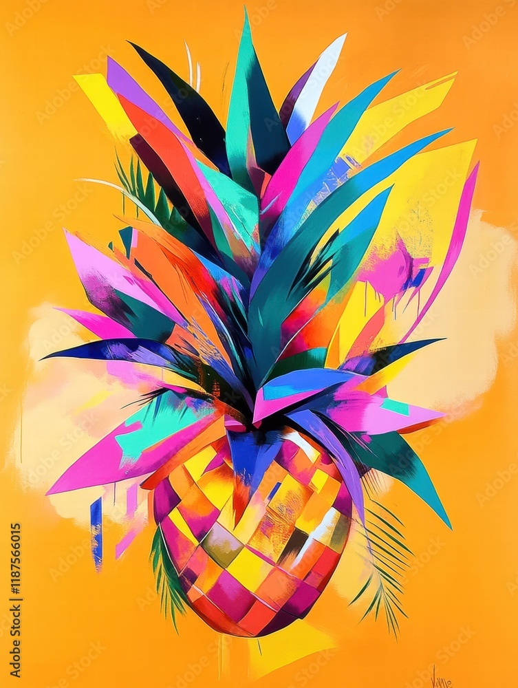 Leinwandbilder vibrant abstract geometric pineapple design set against a bright orange background showcasing colorf
