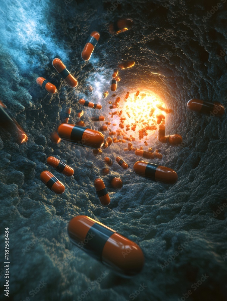 Aufkleber pills represent advancements in medicine while attacking harmful bacteria in a symbolic visualizatio