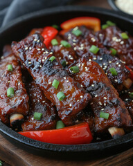 Korean BBQ Beef Short Ribs with Grilled Onions and Bell Peppers on a Sizzling Skillet