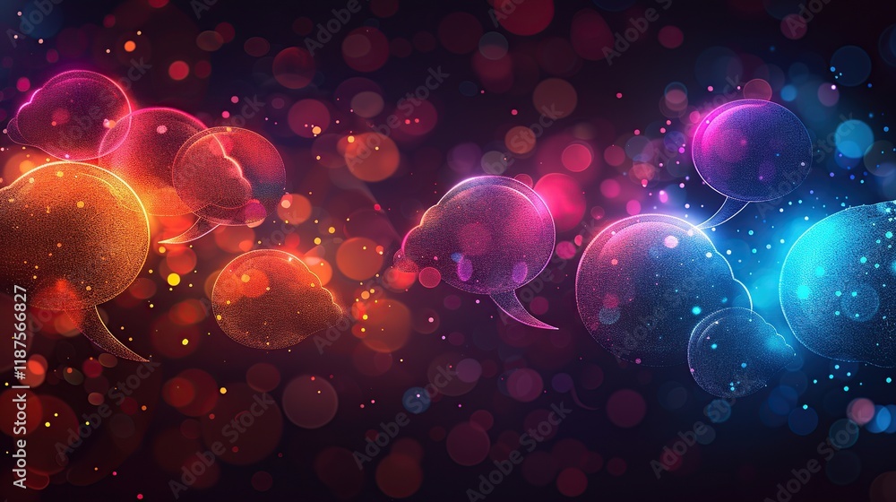 Poster abstract communication background featuring speech bubbles and digital messaging symbols in vibrant 