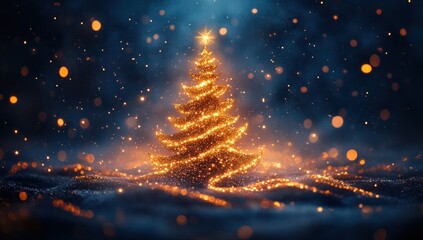 Naklejka premium Glowing Christmas Tree with Sparkling Lights and Dreamy Blue Background