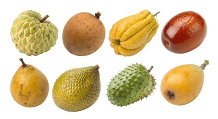 set of exotic fruits collection High-resolution cutouts of Buddha's hand, bael, longan, loquat, jujube, soursop, snake fruit, and custard apple on a white transparent background for stock, packaging