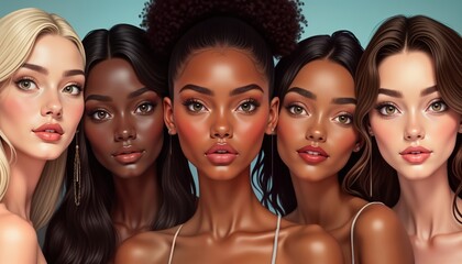 Fototapeta premium Beautiful diverse women with natural skin tones. Group portrait confident female models. Display healthy glow. Studio setting. Focus on natural beauty. Women young, attractive. Trendy style, wellness