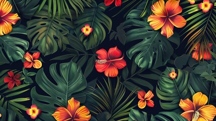 A vibrant tropical pattern with large, stylized hibiscus flowers in shades of red, orange and yellow, and lush green leaves against a dark background.