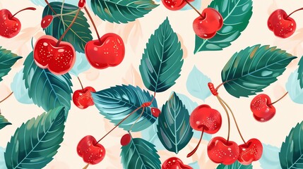 A vibrant and colorful seamless pattern featuring red cherries and green leaves on a light pink background.