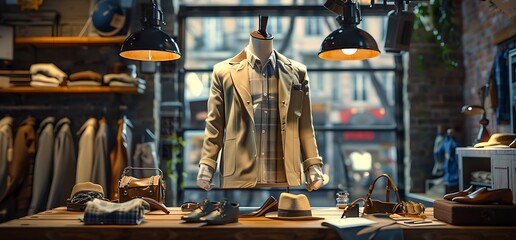 Men's fashion boutique display with clothes, shoes, and accessories on a wooden table.
