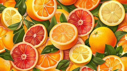 A vibrant and colorful pattern featuring citrus fruits, including oranges, lemons, and grapefruits, with green leaves interspersed throughout.