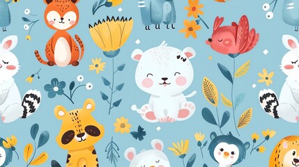 A whimsical and colorful pattern featuring cute cartoon animals and flowers against a light blue background.