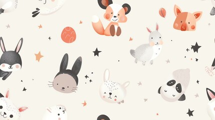 A cute animal print pattern with bunnies, foxes, and a panda bear.