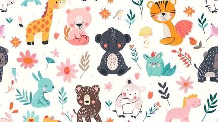 A cheerful and colorful pattern featuring cartoon animals and flowers.