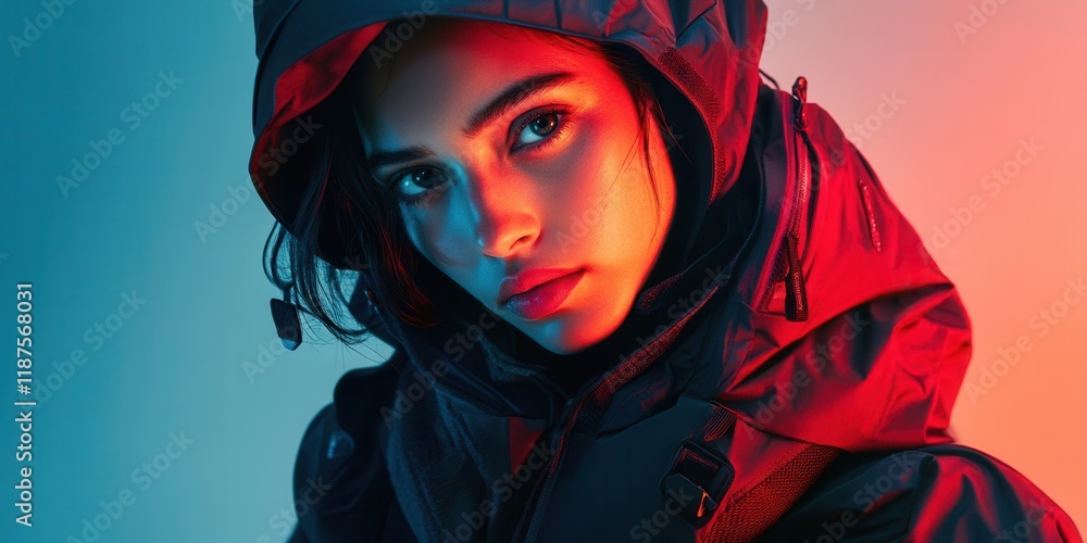 Wall mural portrait of a model wearing a streamlined windbreaker with asymmetrical zippers smart storage compar