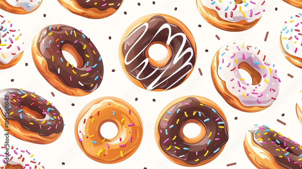 Poster a colorful and delicious pattern featuring various donuts with different toppings, including chocola