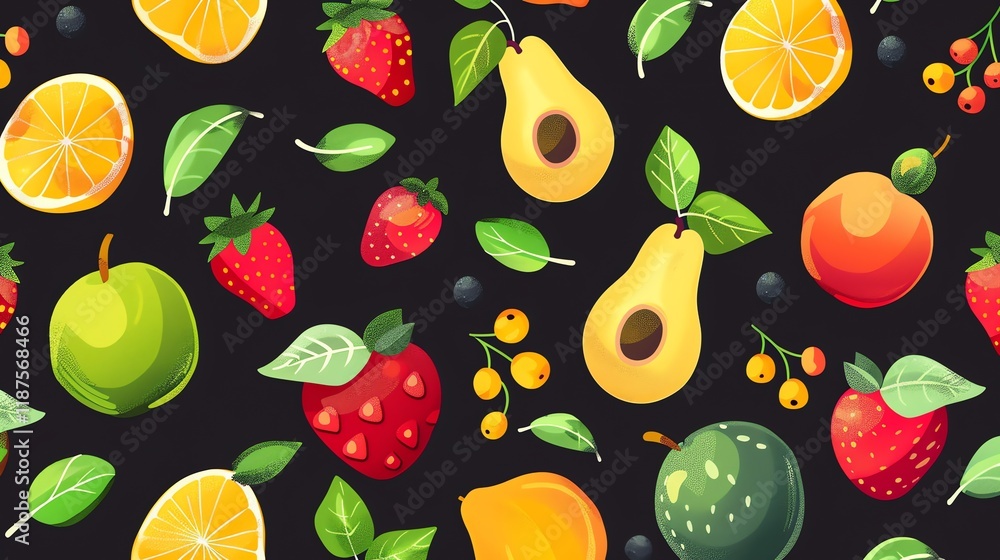 Poster a vibrant and colorful seamless pattern featuring various fruits and leaves on a dark background.