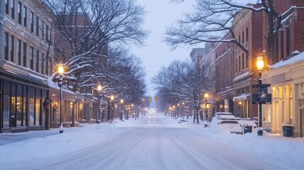 Snowy street scene winter town snow covered buildings
