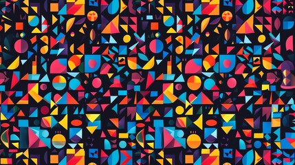 Fototapeta premium An abstract, colorful geometric pattern with overlapping circles, squares, and triangles in various bright shades.