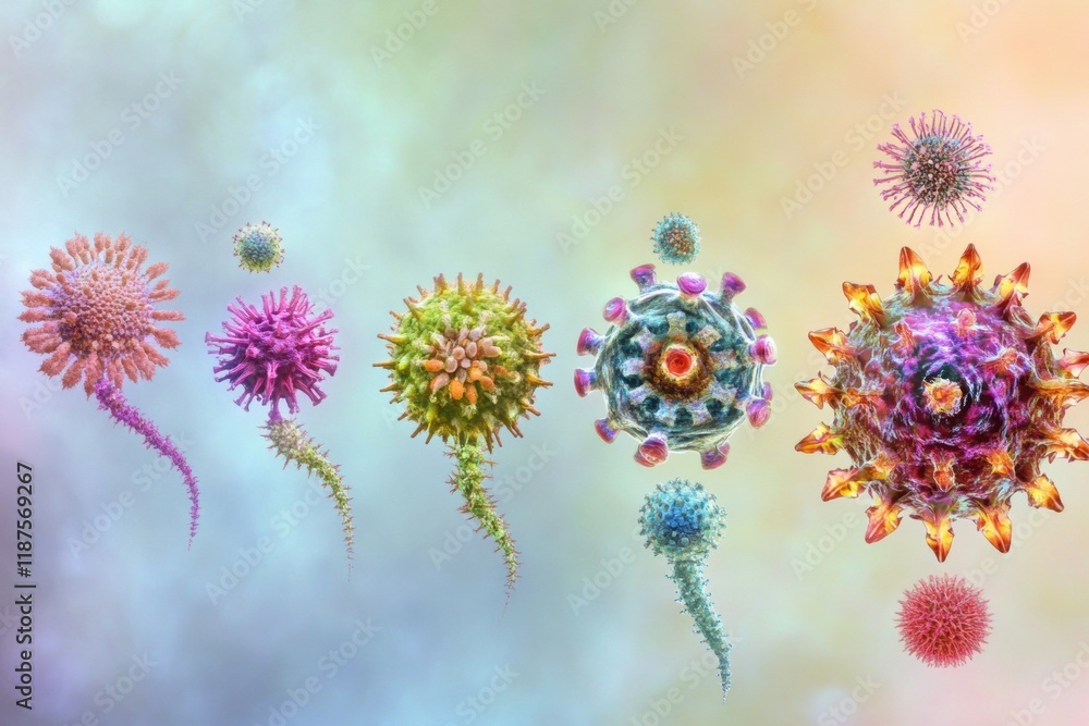 Poster progression of virus forms from basic structures to intricate designs showcasing diversity in morpho