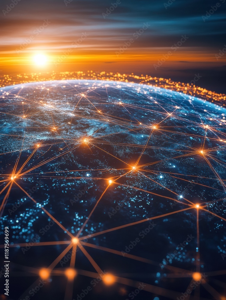Fototapete glowing network of lines and dots highlighting global connectivity against a sunset backdrop. genera