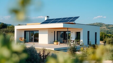 Modern Eco-Friendly House with Solar Panels in Rural Setting