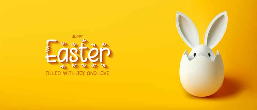 Festive Easter horizontal flyer, banner, header for website with white cracked egg and banny ears on a yellow background. Trendy Easter design with egg, bunny ears. Horizontal Paschal poster