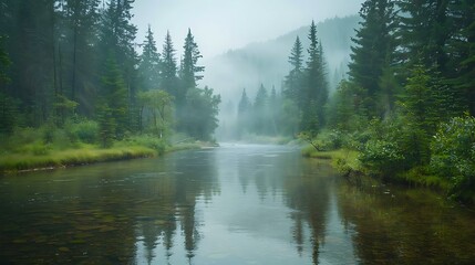 Fototapeta premium Misty river flowing through a lush green forest, reflecting trees and sky.