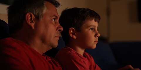 Obraz premium In a cozy atmosphere, a father and his son sit side by side, captivated by the screen before them, capturing the essence of family bonding and shared experiences.