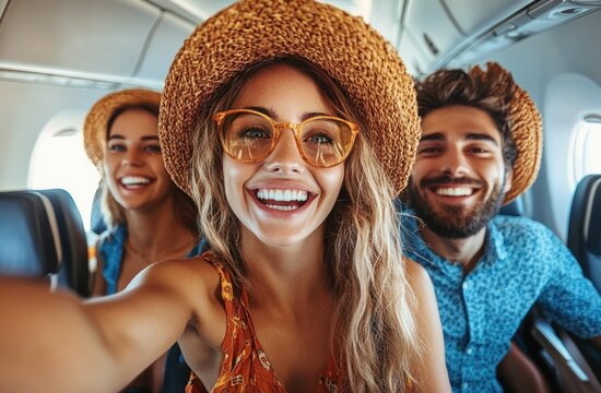 Happy travelers taking selfie on airplane during vacation with cheerful couple enjoying summer adventure together