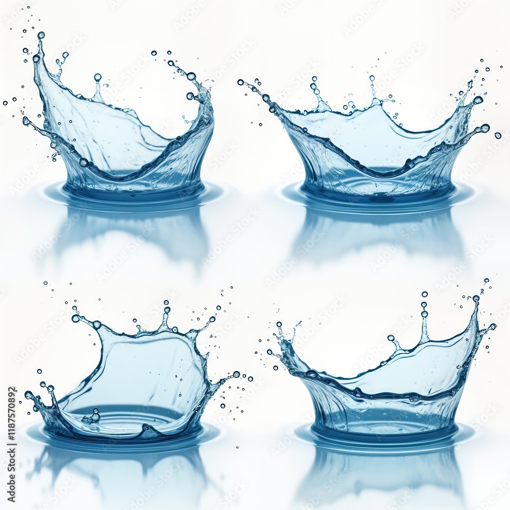 Poster pure water splashes in a set. liquid drops twirl in a spiral. beautiful aquatic liquid patterns. fre