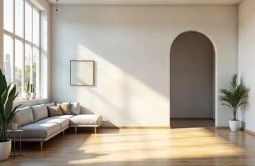 Obraz premium Empty modern living room interior with arch entrance. Sunlight streams through large window creating shadows on light colored walls. Wooden floor. Corner sofa, small side table. Plants near window.