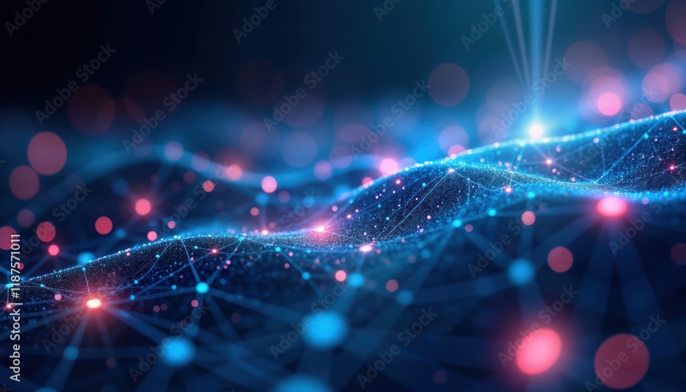 Aufkleber Futuristic abstract image shows data network connection. High-speed tech concept with light effects. Complex design. Global connectivity represented as interconnected points, lines. Modern, advanced