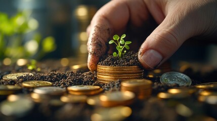 Cultivating Financial Growth: A Seedling Emerging from a Bed of Gold Coins