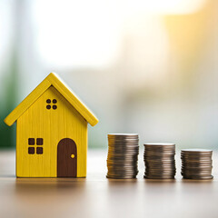 A yellow toy house next to stacks of coins, symbolizing savings, mortgage, or real estate. Generative AI.
