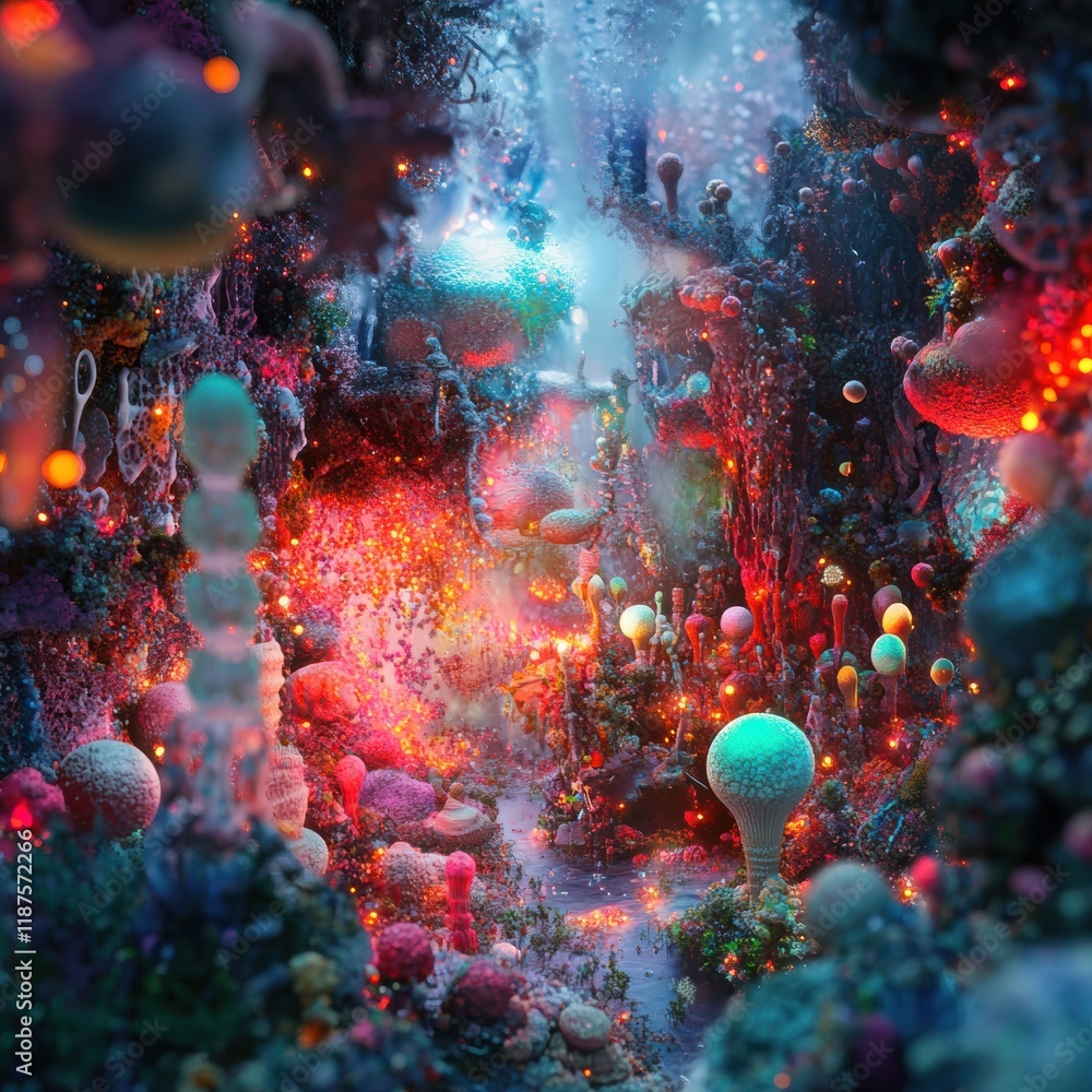 Aufkleber vibrant microscopic landscape with glowing viruses illuminating a hidden world of intricate details.