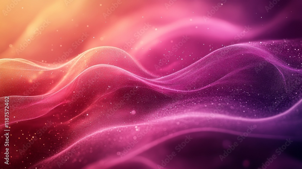 Poster ethereal waves of magenta and orange hues with sparkling particles floating on abstract background