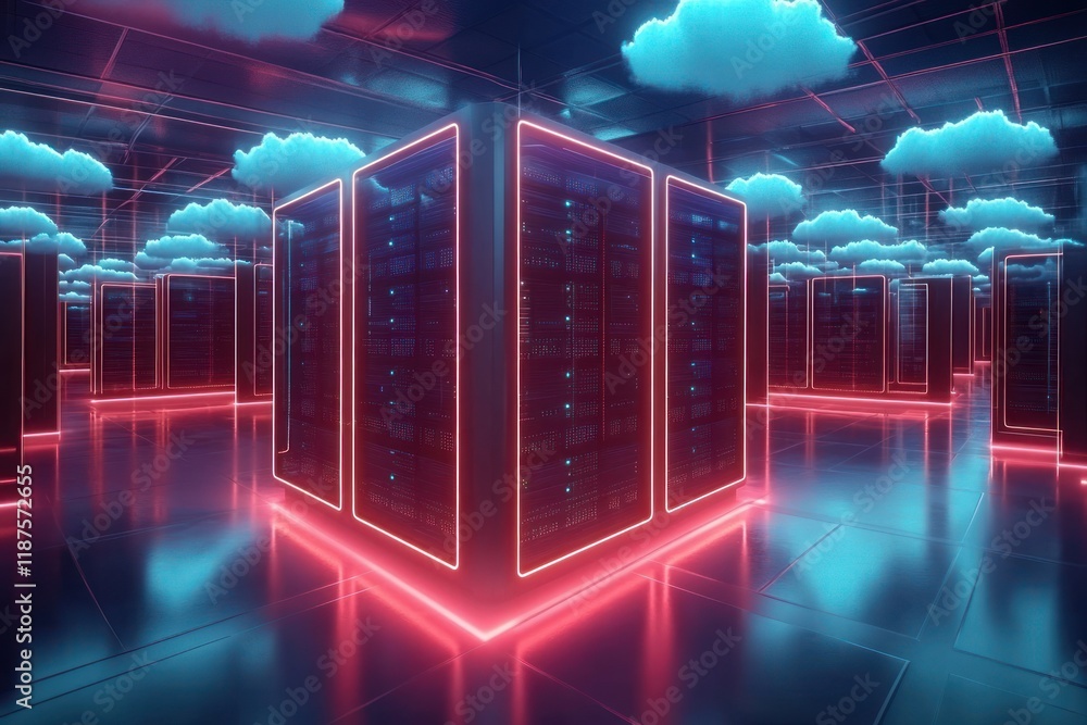 Poster futuristic cloud computing transfer of big data in cyberpunk digital technology scene with glowing s