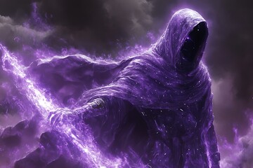 Hooded Figure Embracing Purple Energetic Flames
