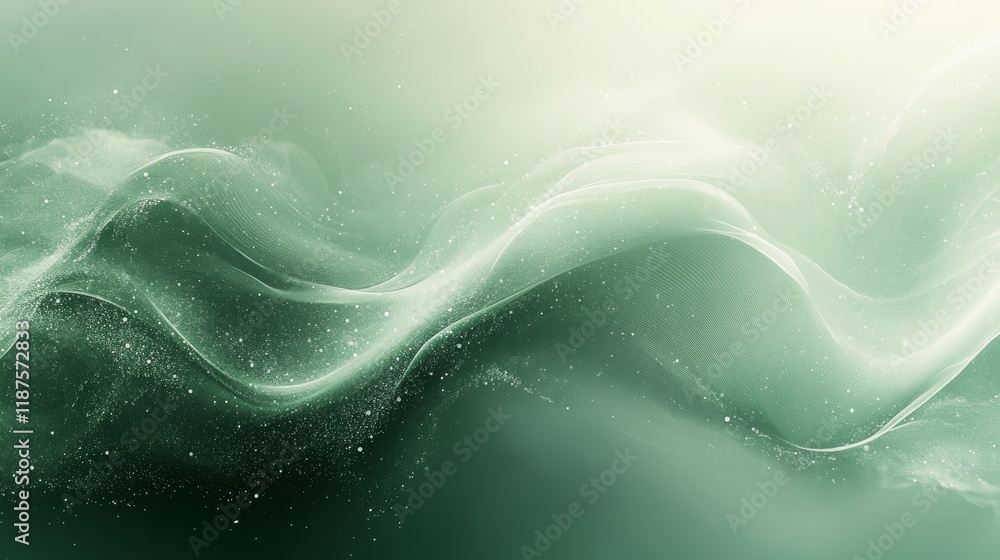 Poster ethereal emerald waves, a serene abstract of flowing lines and sparkling dust in shades of green cre
