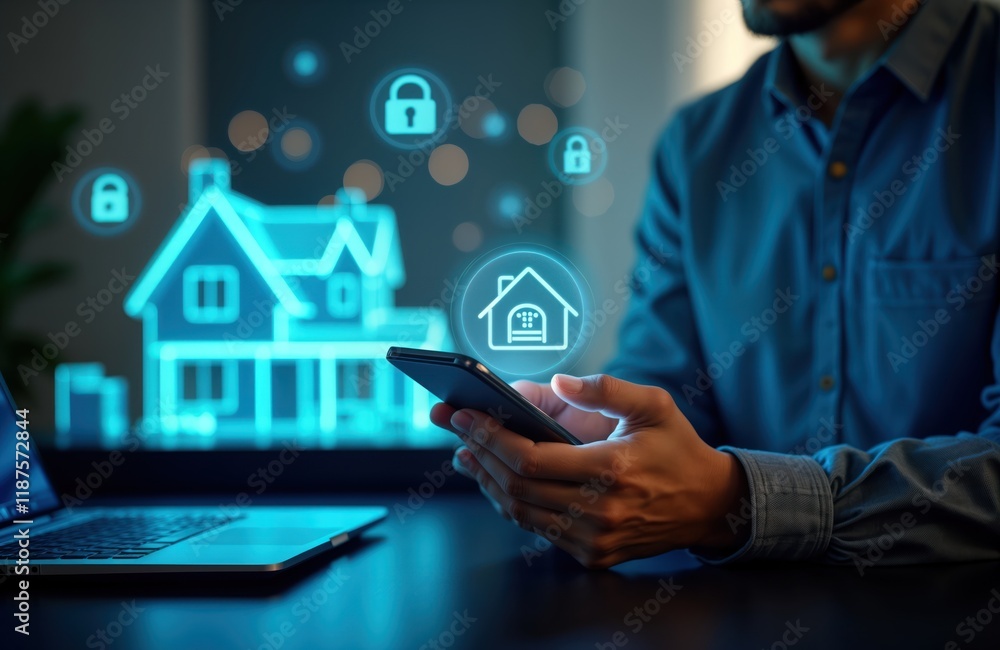 Aufkleber Person controls smart home tech using phone. Mobile app manages home automation. Remote control of devices like lights. Modern interface design. Futuristic technology concept. Home security, comfort.