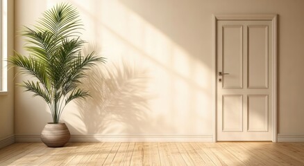 Minimalist Interior Scene with Beige Wall Light Wood Flooring Closed Door and Potted Palm